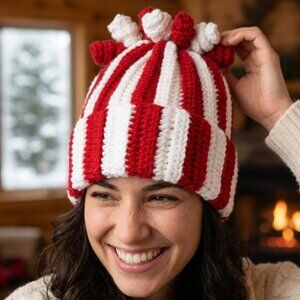Handmade Crochet Novelty Candy Cane Christmas Beanie New
